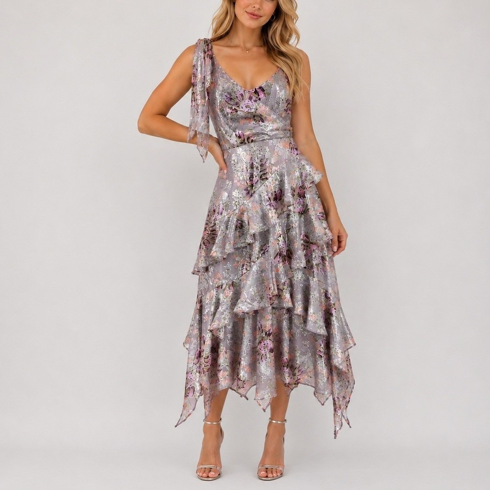 Cinq a Sept Trevor Dress 4 Grey Multi Metallic Silk Floral Cocktail Luxury